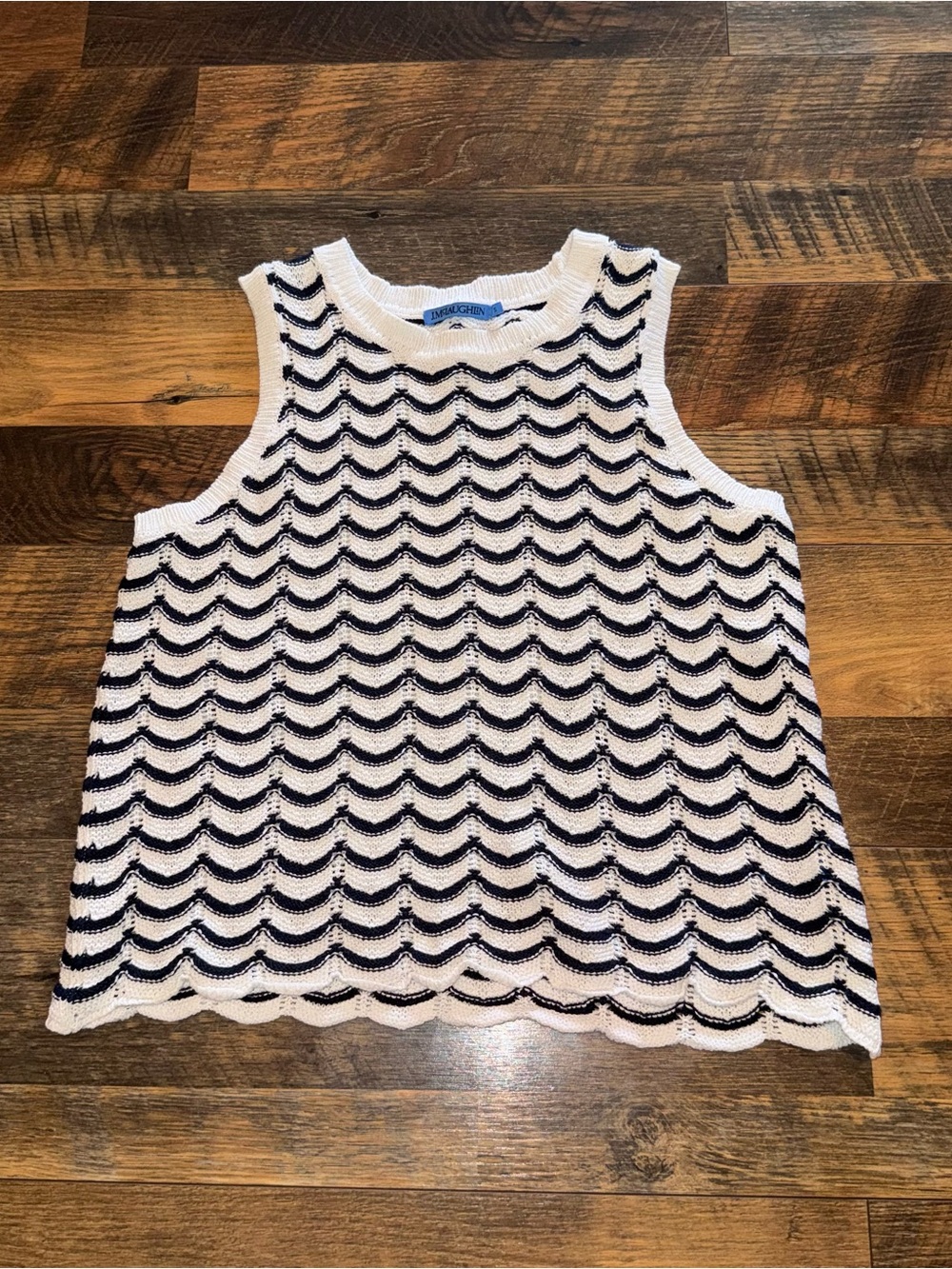 Scallop-Edge Navy and White Knit Tank Top